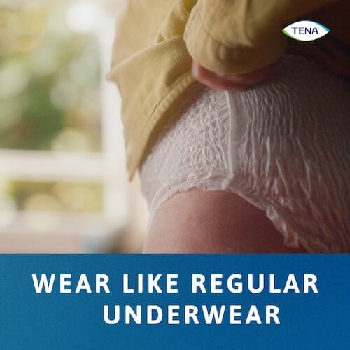 Diagram or packaging of TENA Proskin Pants Normal highlighting dimensions or features.