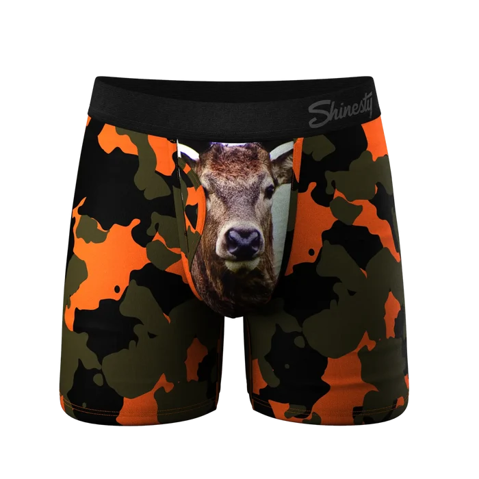 Shinesty Bambi Bunchers Ball Hammock pouch underwear with fly in orange camo deer print