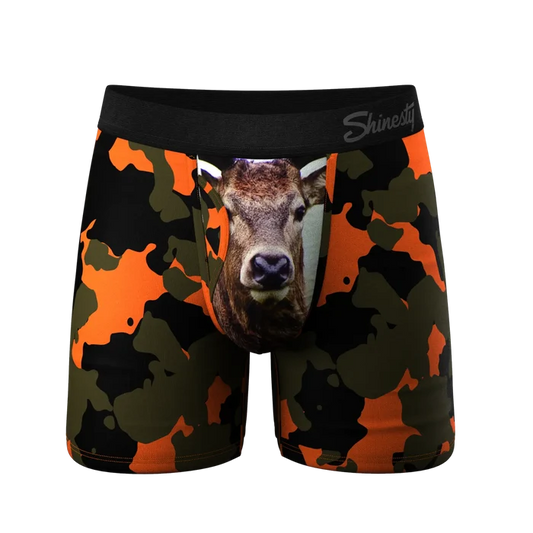 Shinesty Bambi Bunchers Ball Hammock pouch underwear with fly in orange camo deer print
