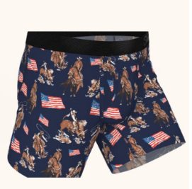 Shinesty Bootstraps and Chaps Ball Hammock pouch underwear with fly in Americana cowboy print