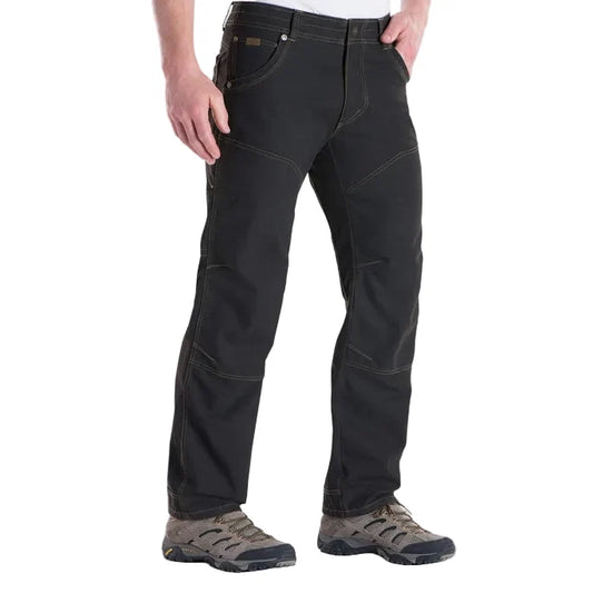 Kuhl The Law work pant in espresso brown, front view with articulated knees