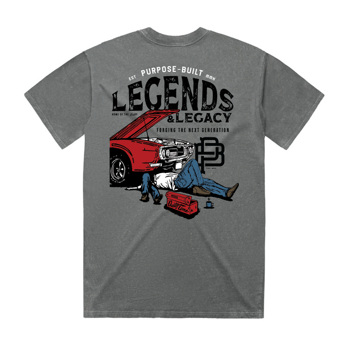 Purpose-Built The Legend and the Legacy short-sleeve graphic t-shirt in heavy faded grey, available in big and tall sizes