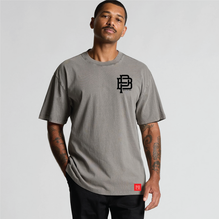 Purpose-Built The Legend and the Legacy t-shirt in heavy faded grey, alternate graphic view