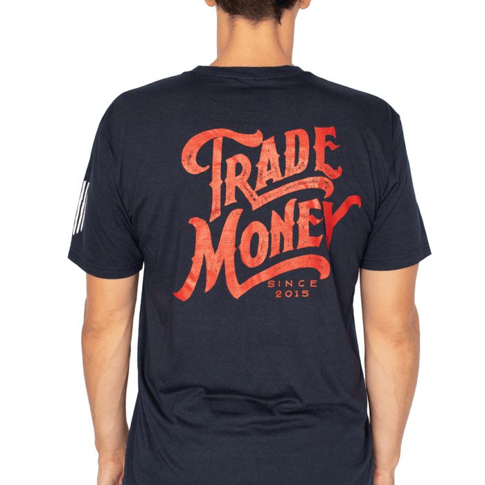 Trade Money Mantra tee in dark navy, back view of the print