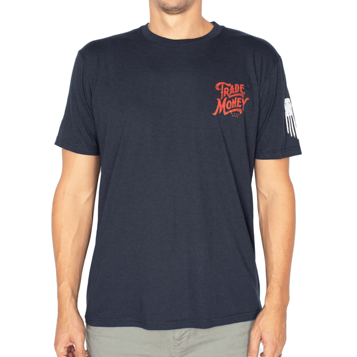 Trade Money Mantra tee in dark navy, front view of the graphic