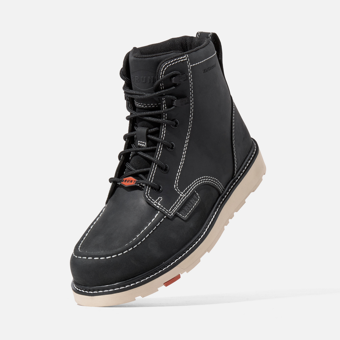 BRUNT Marin 6-inch black composite toe work boot shown mid-step, EH rated and slip resistant