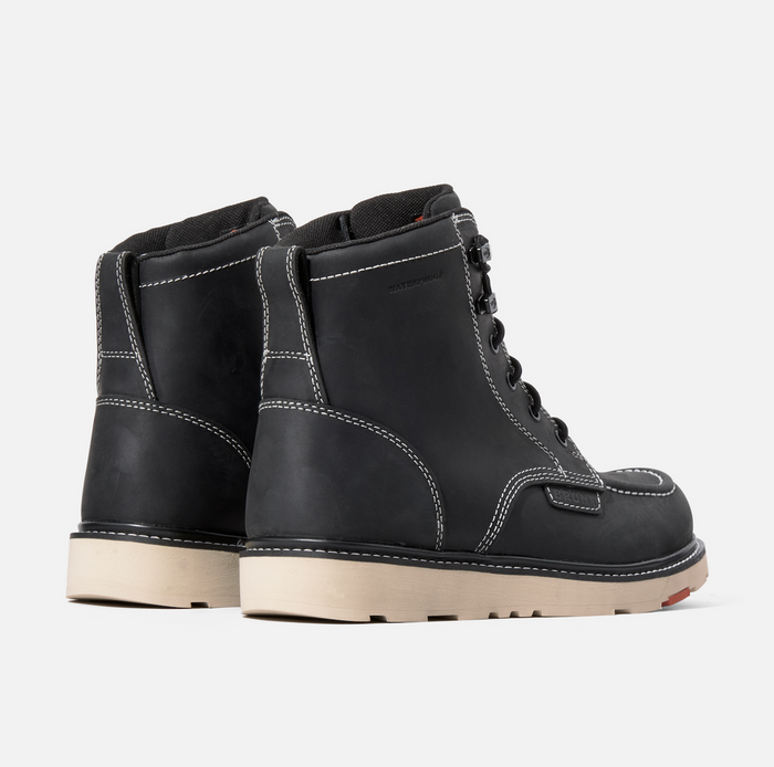 BRUNT Marin composite toe work boot in black, detail view of the moc toe construction