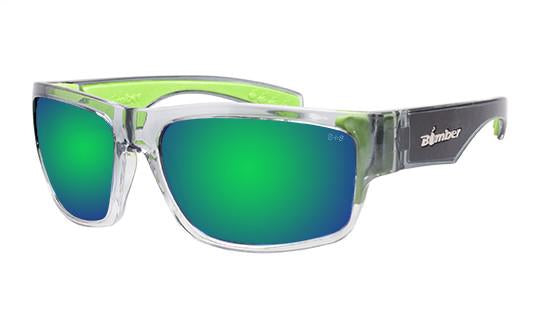 Bomber Tiger safety glasses with green crystal frame and mirrored lens