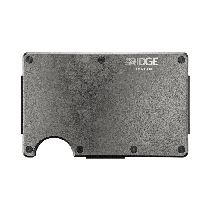 Ridge stonewashed titanium minimalist wallet, front view with cards fanned from the injector