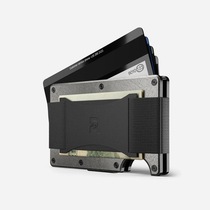 Ridge stonewashed titanium wallet with elastic cash strap and RFID blocking card plates