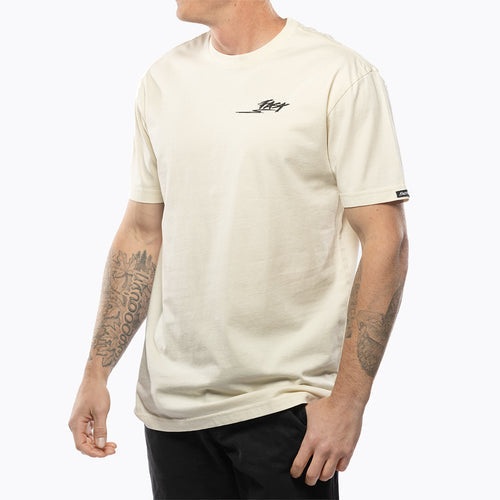Fasthouse Tomahawk tee in natural shown on a model, front view