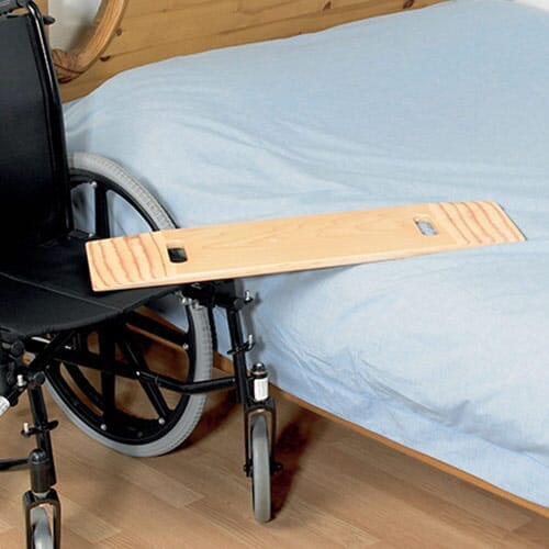Full view of Transfer Board with Handholes mobile hoist on a plain background, showing the wheeled base, upright mast and sling attachment.