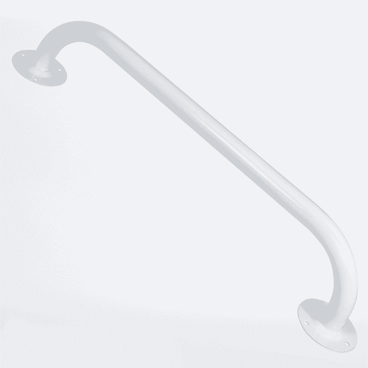 Full view of Tubular Steel Grab Rail grab rail with circular wall plates and a textured grip, designed to provide support in bathrooms and other areas.