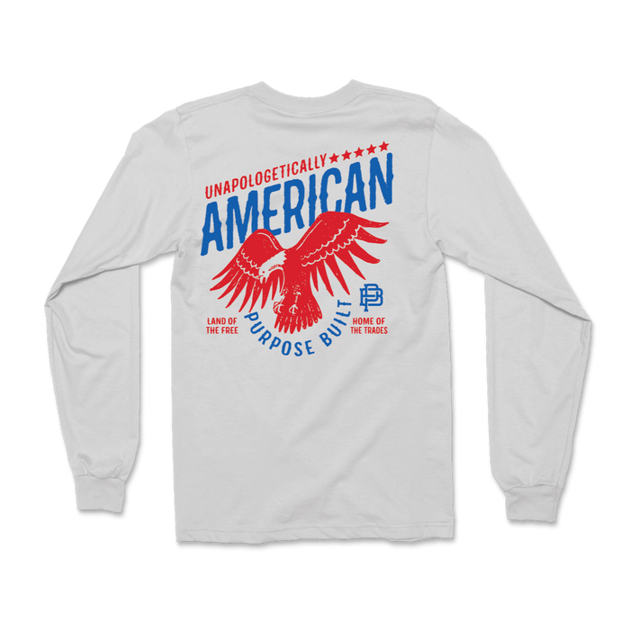Purpose-Built Unapologetically American long sleeve tee in white, big and tall sizing