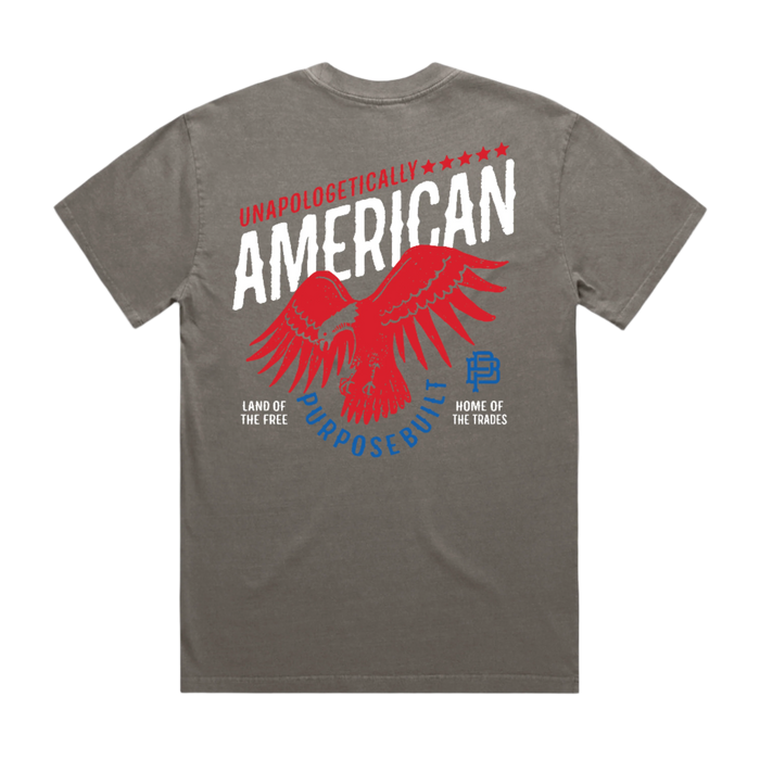 Purpose-Built Unapologetically American short-sleeve graphic t-shirt in heavy faded grey, available in big and tall sizes