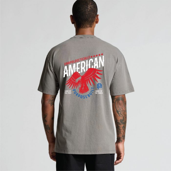 Purpose-Built Unapologetically American t-shirt in heavy faded grey, alternate graphic view