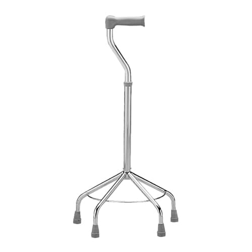 Full view of Very Wide Base Quad Walking Stick walking stick on a plain background, showing its handle, shaft and ferrule.