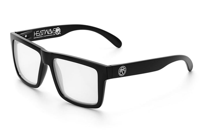 Angled view of the Heat Wave Vise Z87 safety glasses, black frame with clear lens