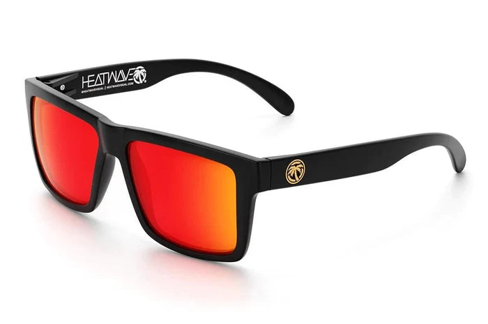 Angled view of the Heat Wave Vise Z87 sunglasses, black frame with Sunblast lens