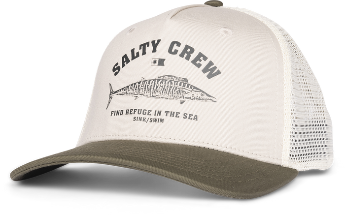 Salty Crew Wahoo Stamp retro trucker hat in oyster and olive