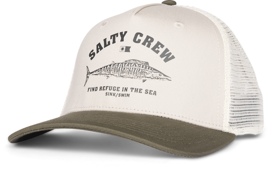 Salty Crew Wahoo Stamp retro trucker hat in oyster and olive