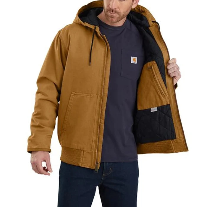 Carhartt washed duck active jacket in Carhartt brown shown open, view of the lining