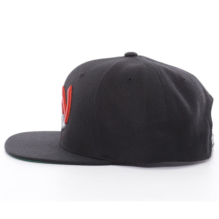 Welder Nation 3D snapback hat in black and red, side view