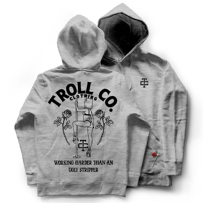 Troll Co. WHUS Butterface pullover hoodie in heather grey, flat lay