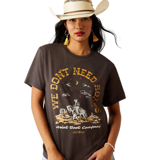 Ariat women's No Roads tee in vintage black, detail of the graphic