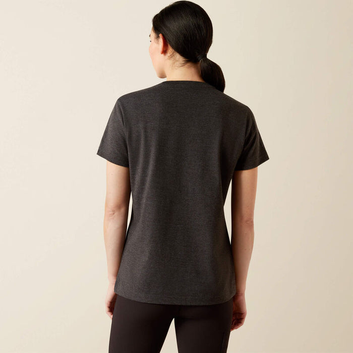 Ariat women's Cotton Strong Worldwide tee in charcoal heather, back view of the print