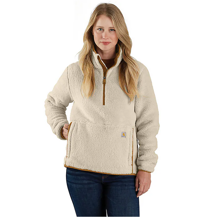 Carhartt women's loose fit fleece pullover in oat milk and Carhartt brown