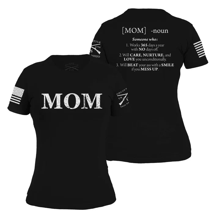 Grunt Style women's Mom Defined graphic tee in black, front and back views