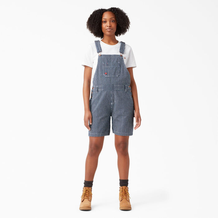 Dickies women's relaxed fit 7 inch bib shortall in rinsed hickory stripe, front view