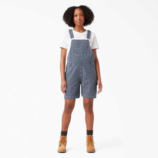 Dickies women's relaxed fit 7 inch bib shortall in rinsed hickory stripe, front view