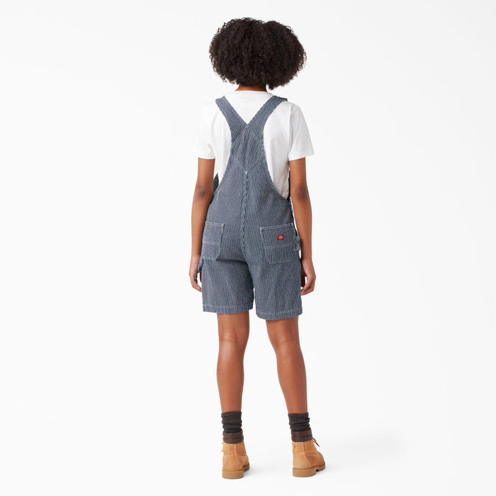 Back view of the Dickies women's hickory stripe bib shortall showing the strap crossback