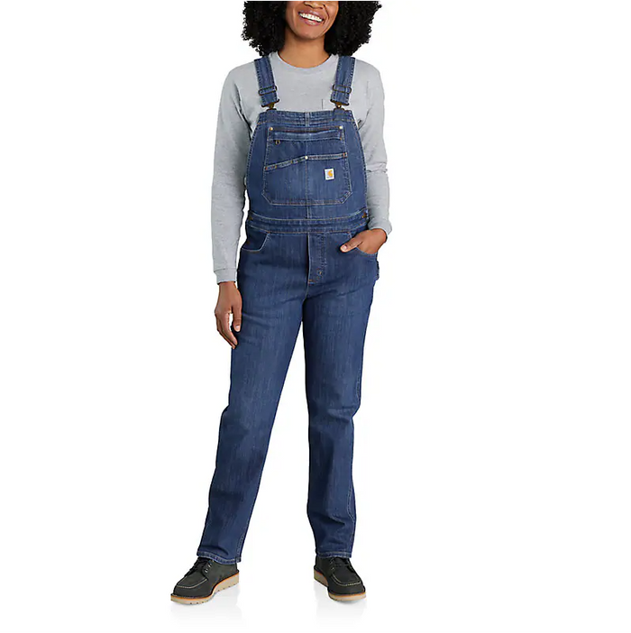 Carhartt women's Rugged Flex relaxed fit denim bib overall in Arches wash with adjustable shoulder straps