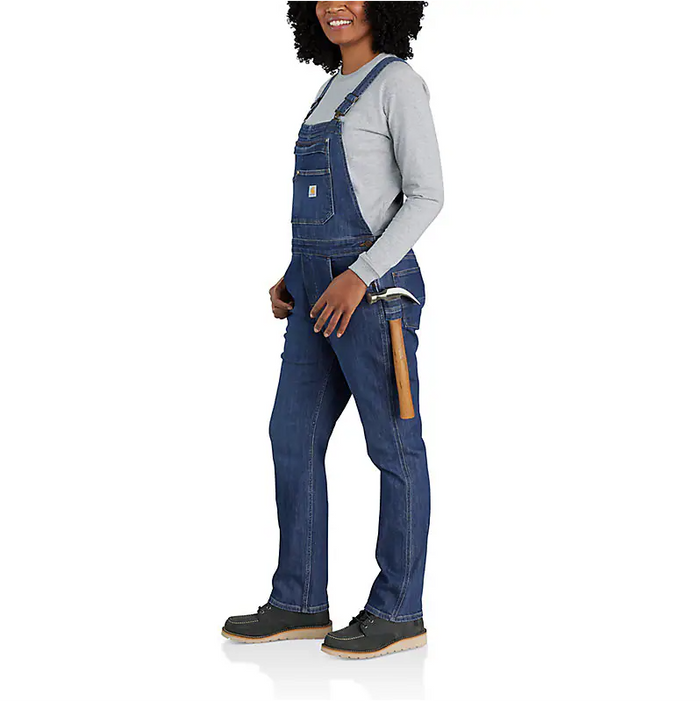 Women's Carhartt denim bib overall in Arches wash with bib pocket and Rugged Flex stretch denim