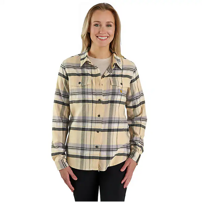 Carhartt women's Tencel fiber series relaxed fit long-sleeve flannel shirt in oat milk