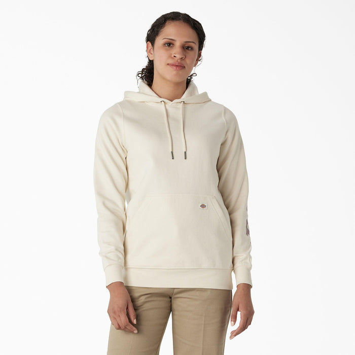 Dickies women's water repellent sleeve logo hoodie in antique white, front view