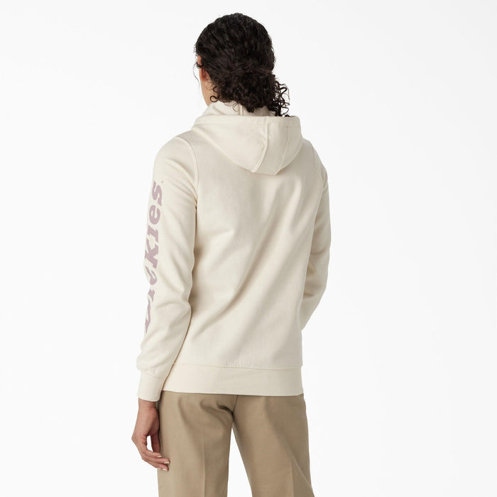 Back view of the Dickies women's antique white logo hoodie showing the sleeve print