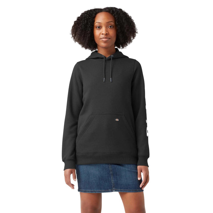 Dickies women's water repellent sleeve logo hoodie in black, front view
