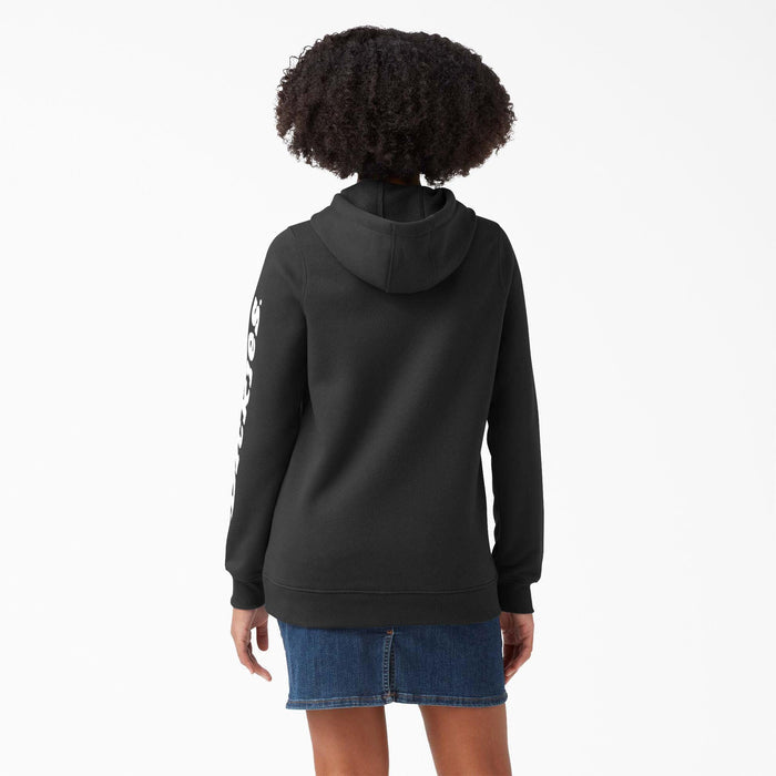 Back view of the Dickies women's black logo hoodie showing the sleeve print