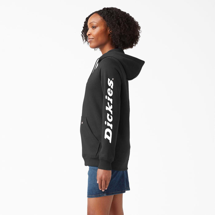 Dickies women's black hoodie, alternate view of the drawstring hood and pouch pocket