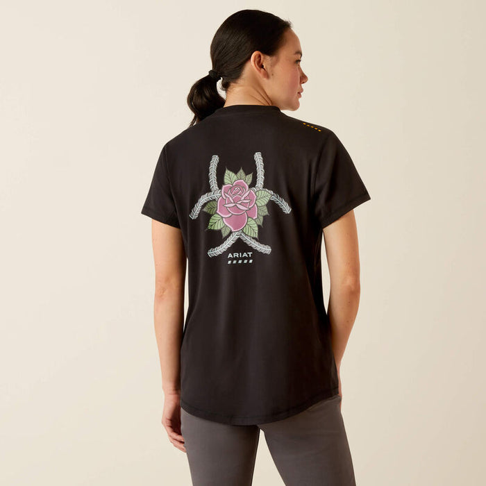 Ariat women's Workman Rose tee in black, back view of the print