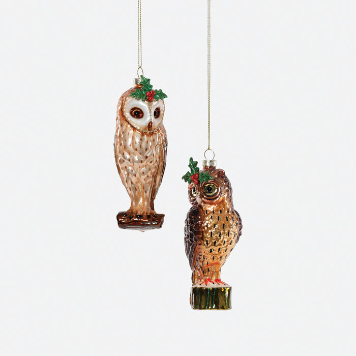 Woodland Owl Glass Ornament, Set of 2 Assorted