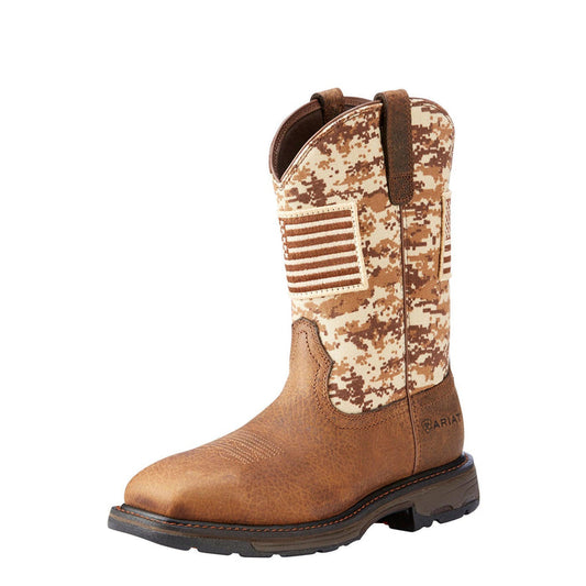 Ariat WorkHog Patriot steel toe wellington work boot in earth and sand, ASTM compliant safety toe
