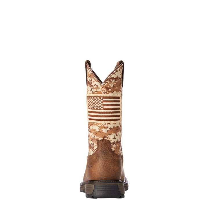 Heel view of the Ariat WorkHog Patriot steel toe wellington work boot in earth and sand