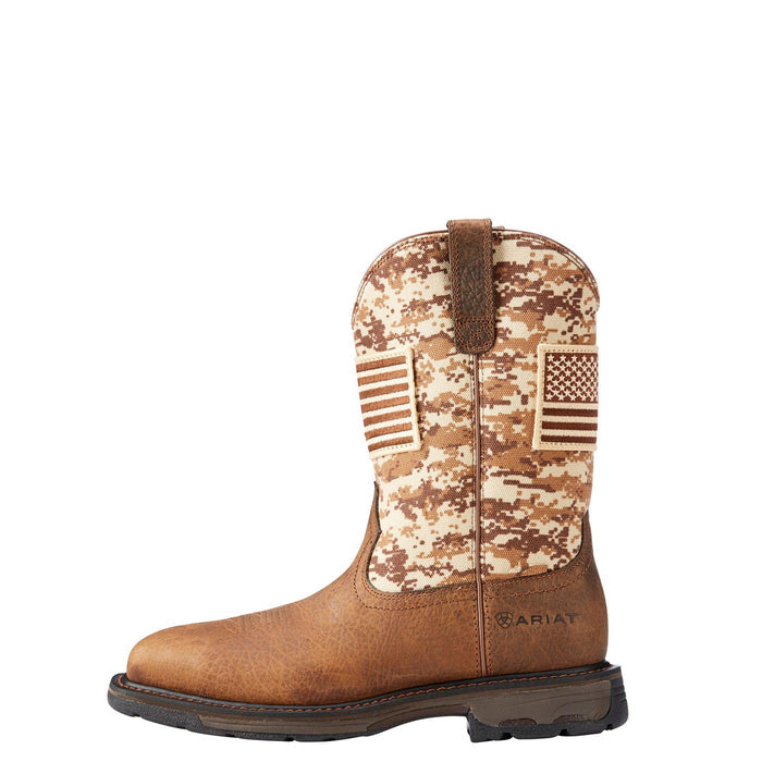 Side profile of the Ariat WorkHog Patriot pull-on steel toe work boot in earth and sand