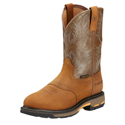 Ariat WorkHog 11-inch soft toe pull-on work boot in aged bark full grain leather, EH rated