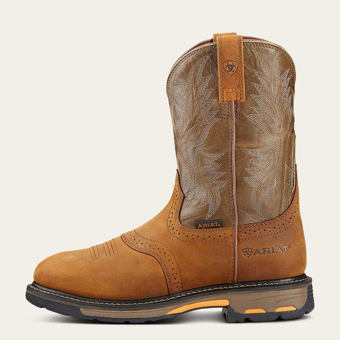 Side profile of the Ariat WorkHog 11-inch pull-on work boot in aged bark full grain leather